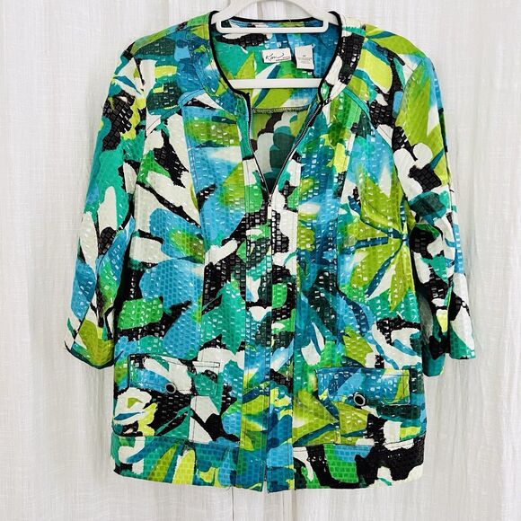 Kim Rogers Blue & Green Floral Shimmery Funky Wearable Art Blazer - Plus 1X - Picture 1 of 10